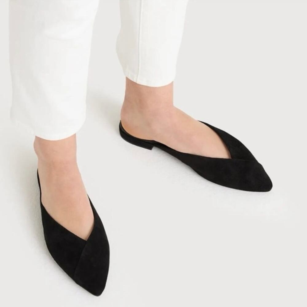 Birdies Swan Black Suede Pointed Toe Slip On Mules Flats Shoes Size 10